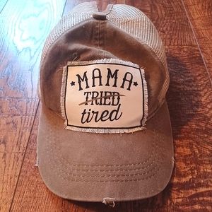 Mama Tried Distressed Ponytail Hat Ball Cap with Velcro Beige and White
